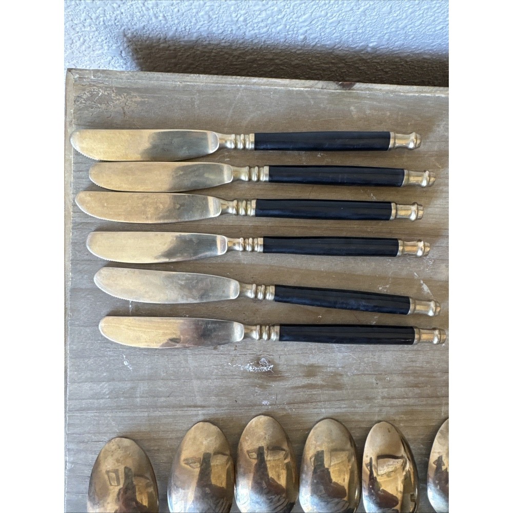 Vintage Brass & Black Bakelite Set Flatware Silverware 32 Piece Set - Picture 12 of 13